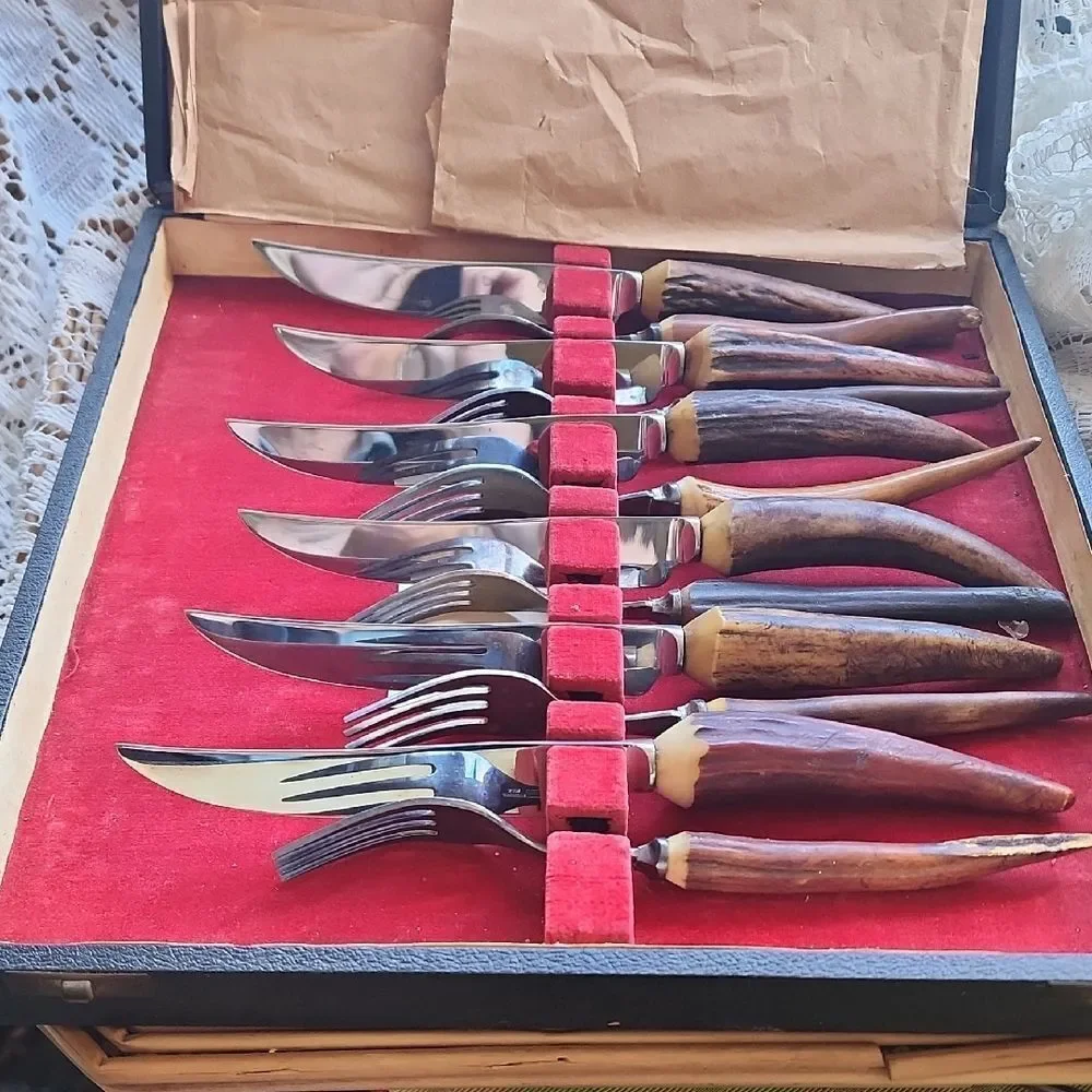 Vintage J Sanderson & Son Faux Stag Horn/Antler Knife/Fork Set Original Case